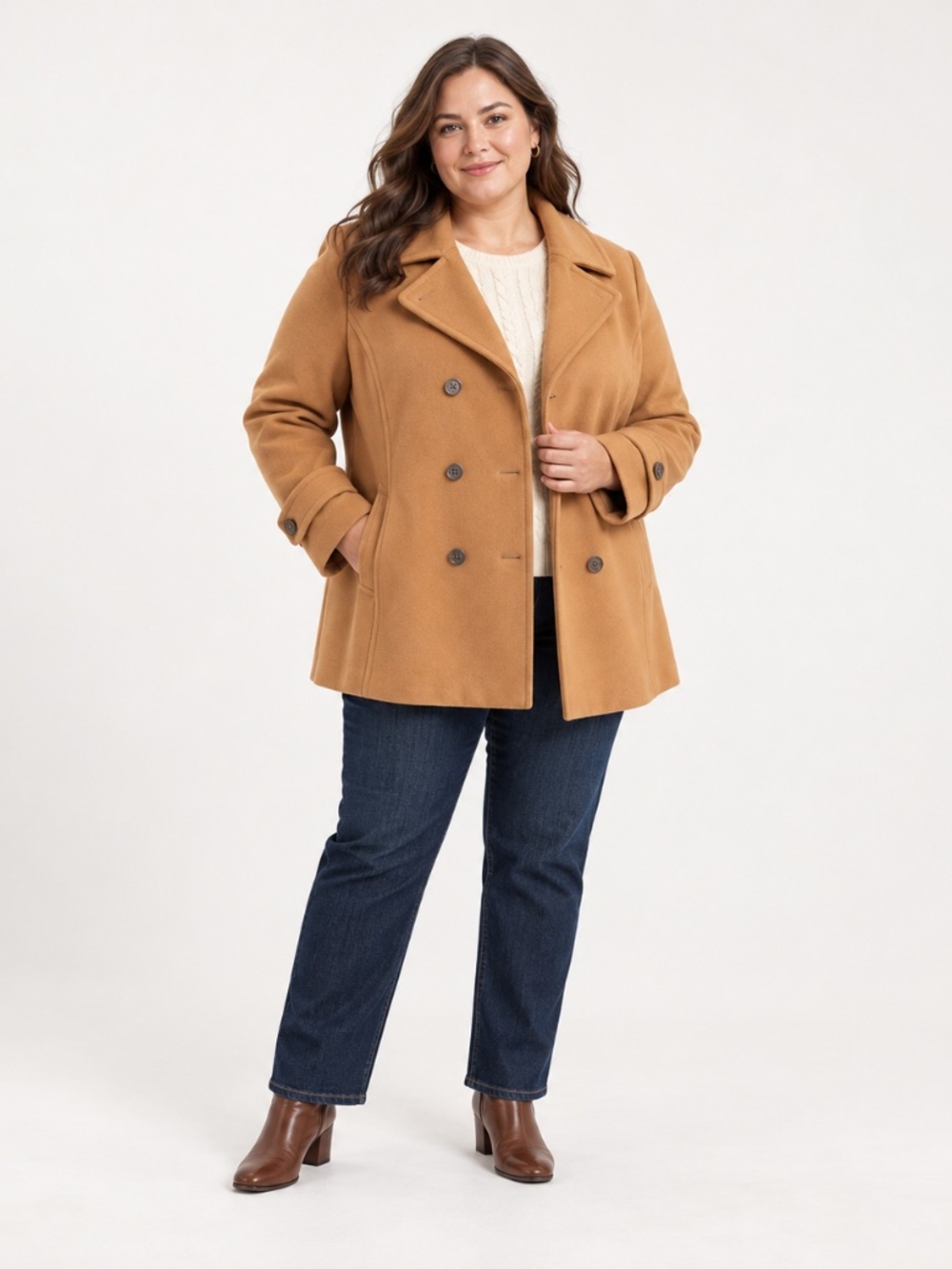 Lands’ End 22W Camel Double-Breasted Peacoat